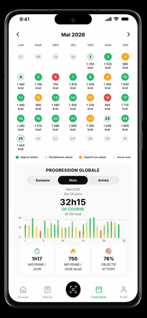 Calendário CalSync — mapa nutricional e progresso mensal