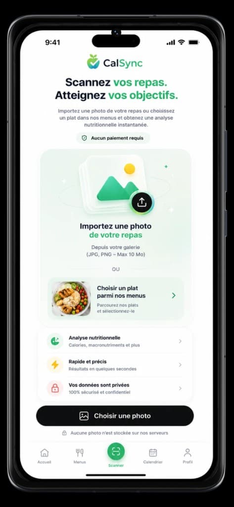 Ecrã do scanner CalSync — importar foto ou escolher nos menus